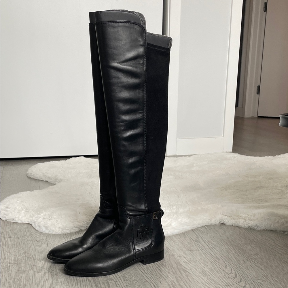 Tory Burch Black Leather Boots with Gold Buckle